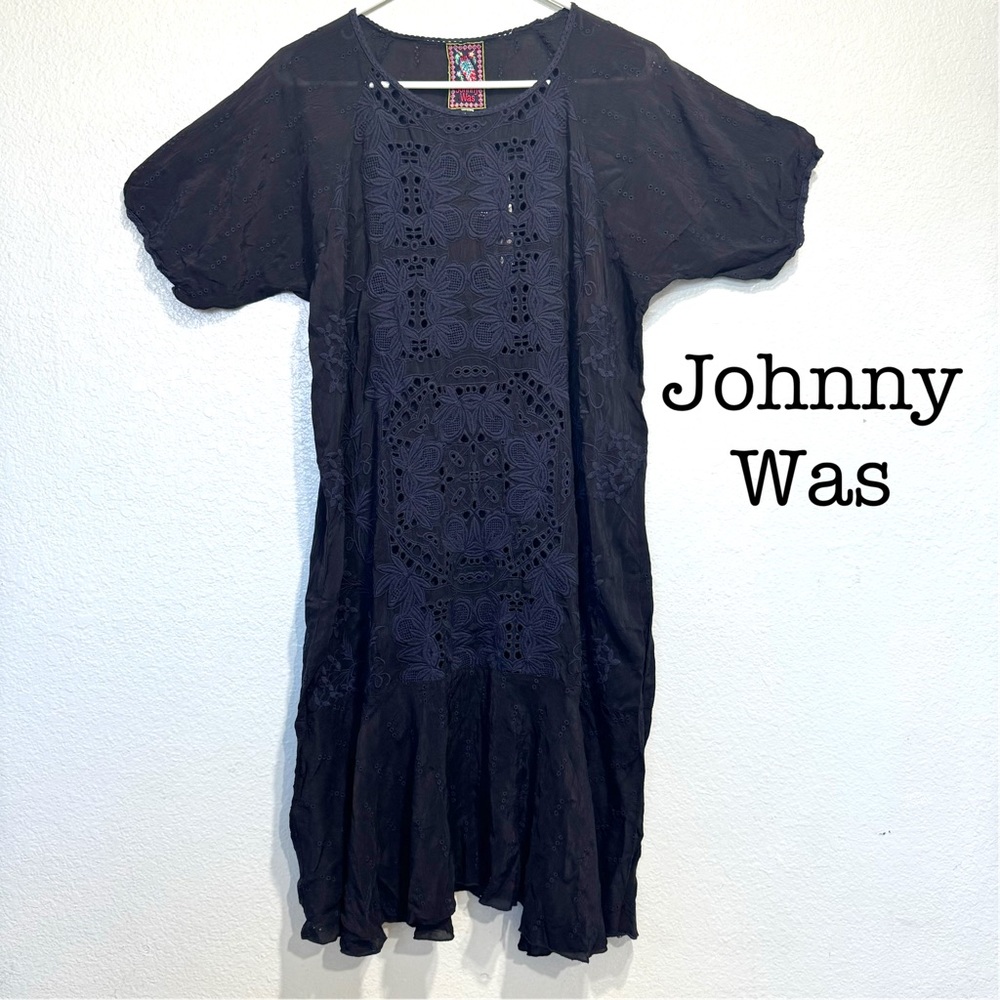 New Johnny Was Christele Black Perforated  Embroidered Dress Size Medium